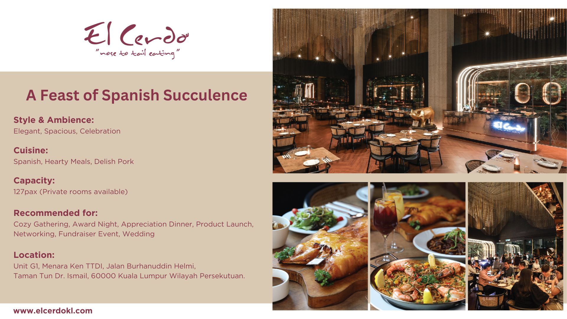 El Cerdo TTDI event venue in Kuala Lumpur with elegant double-volume ceiling and private dining spaces