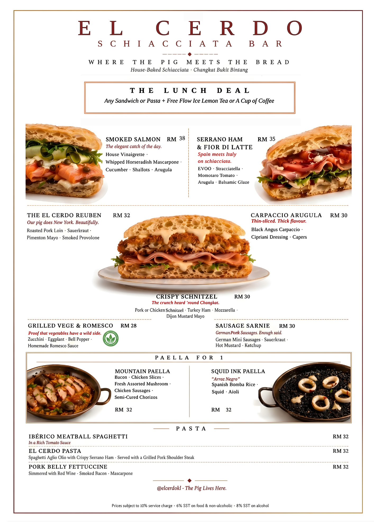 All New Lunch Menu at El Cerdo! Tuck into the finest Sandwiches, Paella for 1, Pastas and more!