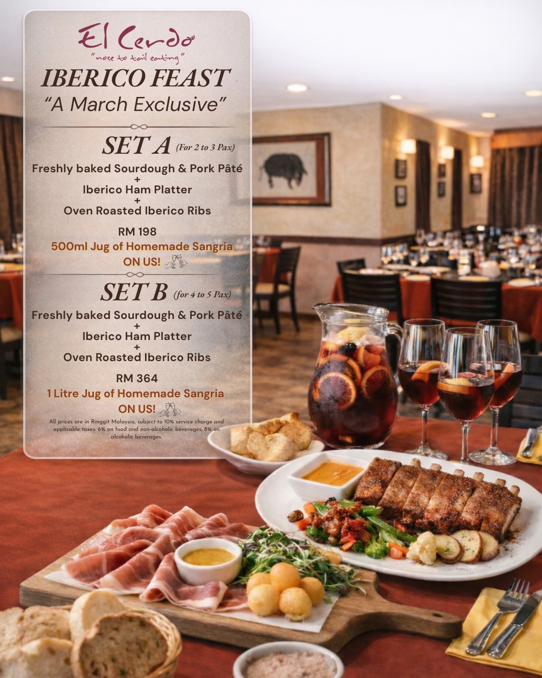 El Cerdo KL Iberico Feast promotion at El Cerdo , Kuala Lumpur. Thinly sliced Jamón Ibérico ham platter and oven-roasted Iberico pork ribs served with homemade sangria in red wine glasses and a fruit-filled jug. March dining set for 2 to 5 people featuring premium Spanish Iberico pork, sourdough bread and pâté in a warm Spanish restaurant setting.